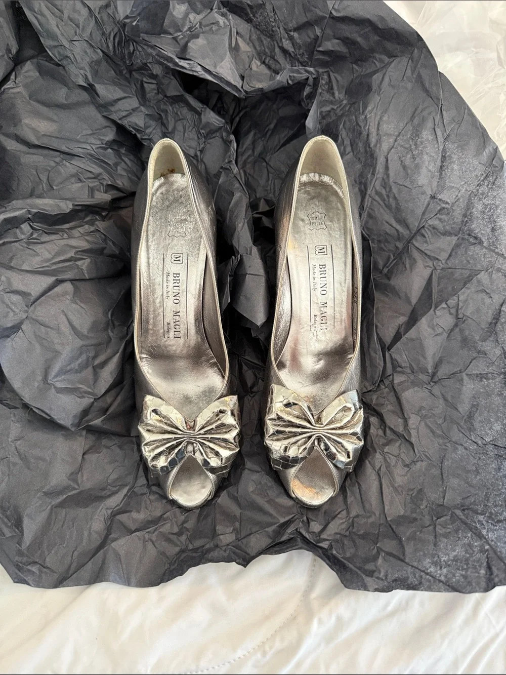 Bruno Magli Metallic Silver Bow Peep-Toe Heels